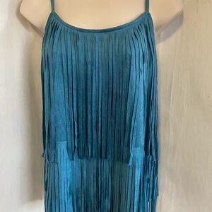 Vocal Tiered Fringe Adjustable Strap Faux Suede Camisole teal double layered